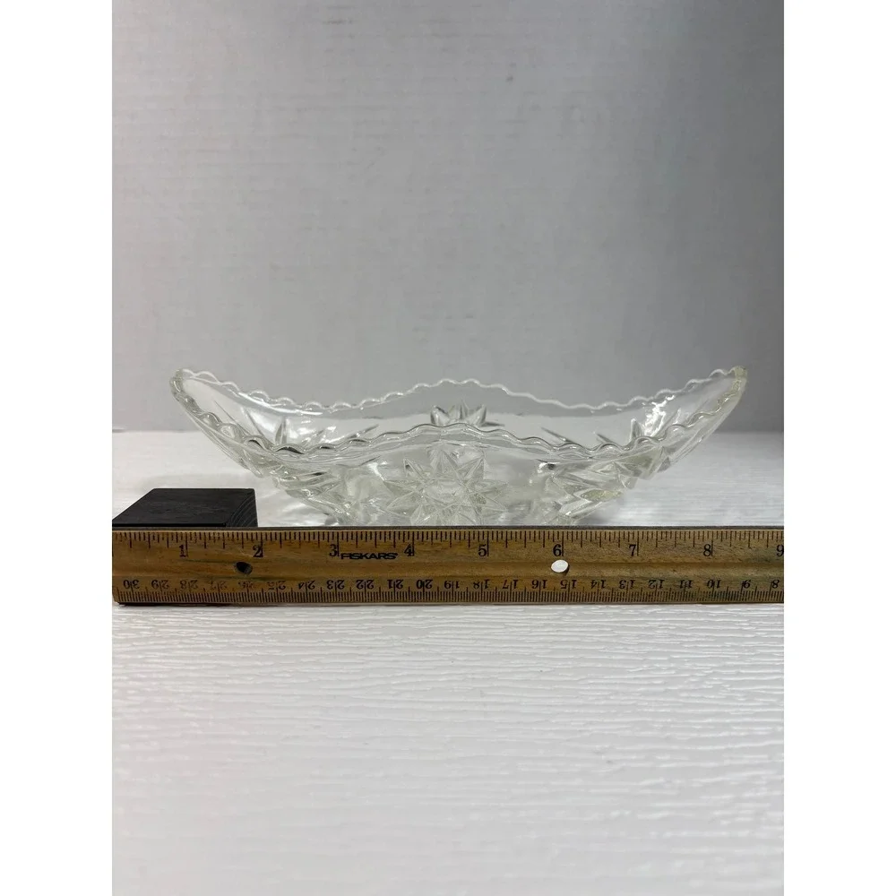 Vintage Clear Pressed Glass Starburst Relish Dish Scalloped Edge Bowl 8.5